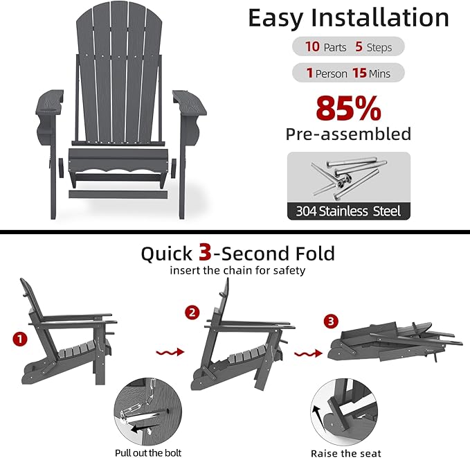 Fire Pit Chairs, HDPE Folding Adirondack Chairs Weather Resistant, Composite Foldable Adirondack Patio Chair with Cup Holder and Umbrella Hole, Grey