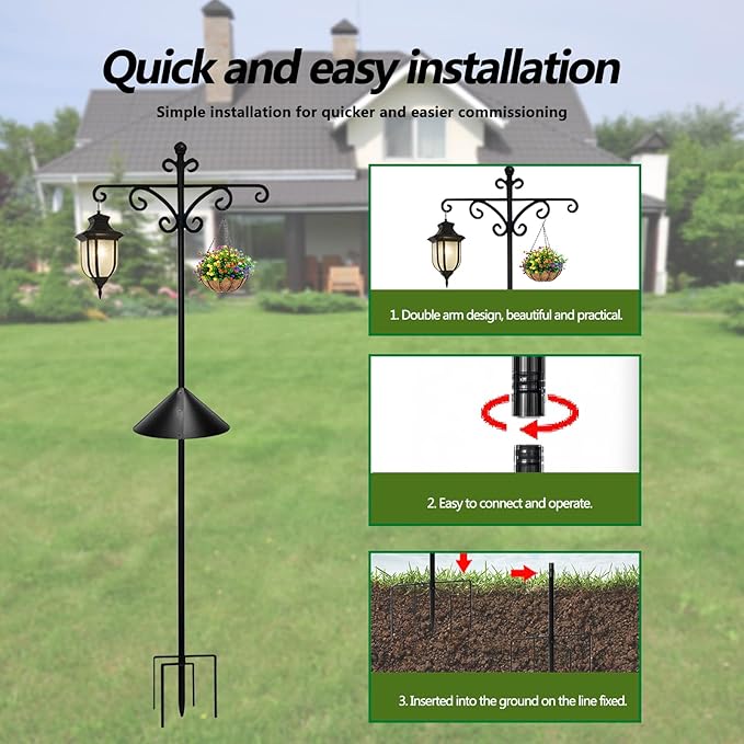 92Inch Shepherds Hooks for Outdoor with Squirrel Baffles – 6 Adjustable Hooks, 5 Prongs Base – Tall Bird Feeder Pole & Garden Stand for Hanging Plants, Lanterns, Hummingbird Feeders