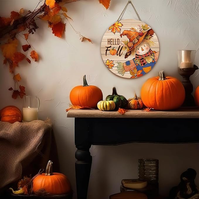 Hello Fall Autumn Scarecrow Door Sign for Porch Pumpkins Maple Leaf Wood Hangers Farmhouse Door Sign for Front Door Decor Seasonal Home Decorations Autumn Wall Hanger Sign