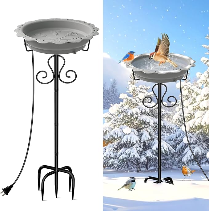 Heated Bird Baths for Outdoors, 100W Heated Birdbath Bowl for Outdoors for Winter with 5-Prong Metal Base Thermostat Control, Heated Bird Bath for Outside Winter Garden Patio Yard Lawn (Gray)