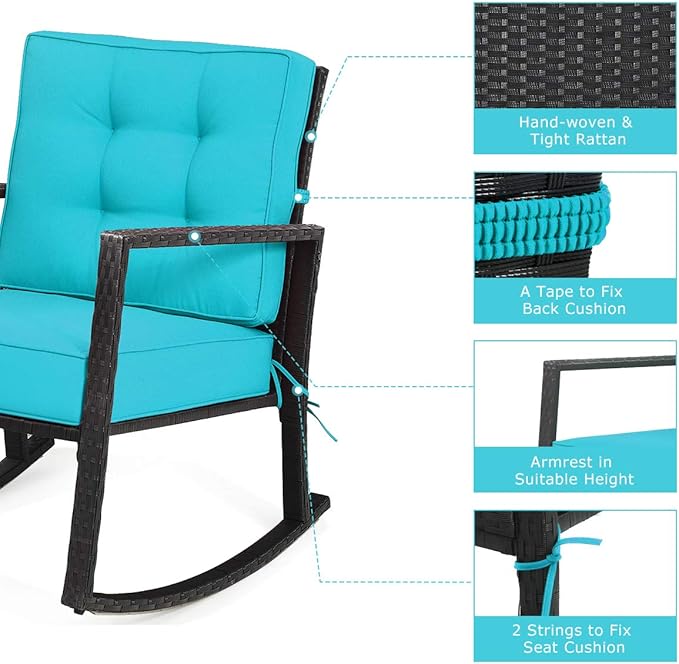 Tangkula Wicker Rocking Chair, Outdoor Glider Rattan Rocker Chair with Heavy-Duty Steel Frame, Patio Wicker Furniture Seat with 5” Thick Cushion for Garden, Porch, Backyard, Poolside (1, Turquoise)