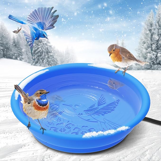 Heated Bird Bath Bowl for Outside,100W Thermostatically Controlled Heated Birdbath Single Bowl Water Heated Bird Bath for Outdoor Winter Garden Patio Yard Lawn Deck(Blue)