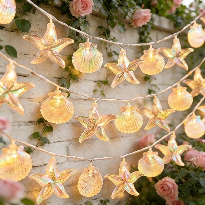 Starfish Shell String String Light 20 FT 40 LED Lights with Battery Operated Warm White LEDs, Ocean Theme for Holiday Party, Wedding, Garden Decoration (Shell Stars, 20FT)