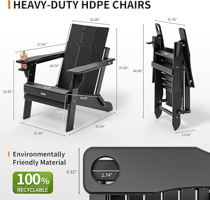 VINGLI Oversized Plastic Folding Adirondack Chairs Set of 2 with Cup Holder, Waterproof HDPE Outdoor Fire Pit Chairs for Patio, Pool, Bonfire, Capacity 400LBS, Black