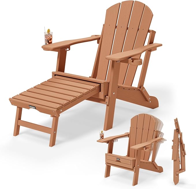 VINGLI Back-Adjustable Plastic Folding Adirondack Chairs with Retractable Footrest & 2-in-1 Cup Holders, Waterproof HDPE Outdoor Fire Pit Chairs for Patio, Pool, Capacity 400 LBS, Teak