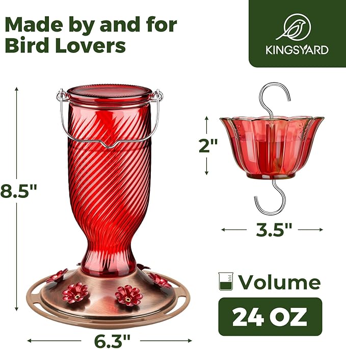 Kingsyard Glass Hummingbird Feeders for Outdoors, 24 oz Hummingbird Nectar Feeder for Garden Decorations with 6 Feeding Ports, Ant Moat Included, Gifts for Women Mom, Easy to Clean & Refill, Red