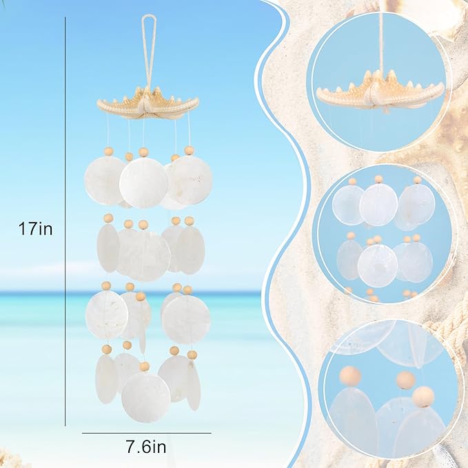 Seashells Wind Chimes - Handcrafted White Capiz Shells Windchime with Starfish, Bohemian & Coastal Style Decor for Indoor/Outdoors, Garden Decor, Great Gift for Women, Wind Chimes Lovers and More