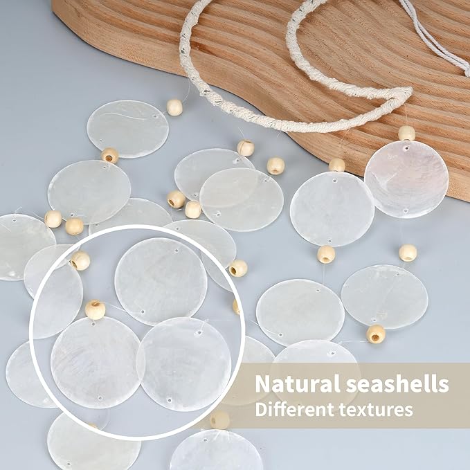 Capiz Wind Chimes for Outside, Outdoor Seashell Hanging Beach Coast Ocean Home Decorative, Translucent White Shell with Wood Beads Waterfall Windchimes for Summer Patio, Window, Porch, Memorial Gift