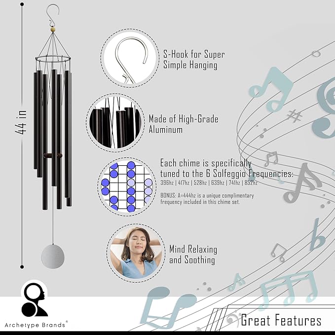 Wind Chimes for Outside and Inside – 44 inch – 528hz Solfeggio Healing Tones - Black