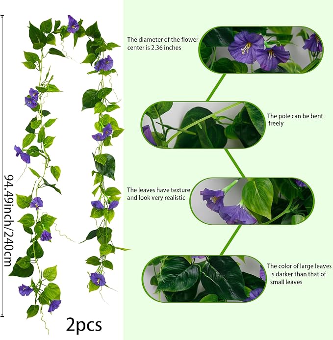 CISDUEO 2 Pcs Artificial Vines Silk Morning Glory Vines for Outdoor 15Feet Purple Hanging Plants Garland Fake Green Plant Morning Glories for Home Decor Wall Fence Stairway Wedding Hanging Baskets