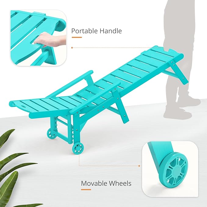 LUE BONA Outdoor Chaise Lounge, HDPS Chaise Lounger, 5 Positions Adjustable Lounge Chairs, Pool Lounge Chair with Wheels for Poolside, Backyard, Aruba Blue