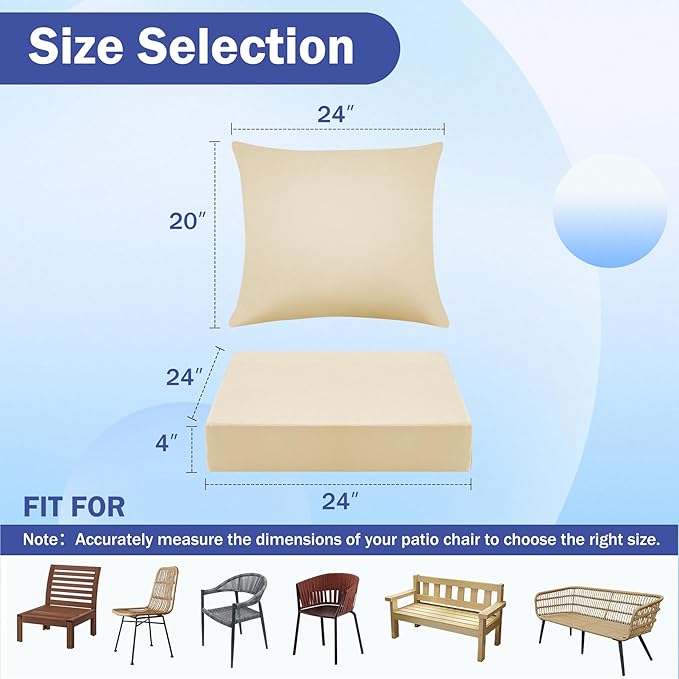 Outdoor Seat Cushion Set, Waterproof & Fade Resistant Patio Chair Cushions, Outdoors Cushion for Patio Furniture, 24 x 24 x 4 Inch, Outdoor Couch Cushions with Handle and Ties, Light Khaki