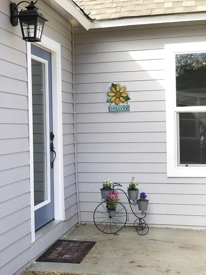 Welcome Sign for Front Door Decor Hanging Sign, Metal Flower Welcome Door Sign Wall Art Decor Hanging for Indoor Outdoor Patio Garden Yard Sign Porch Decoration 15.75X12.75In (B)