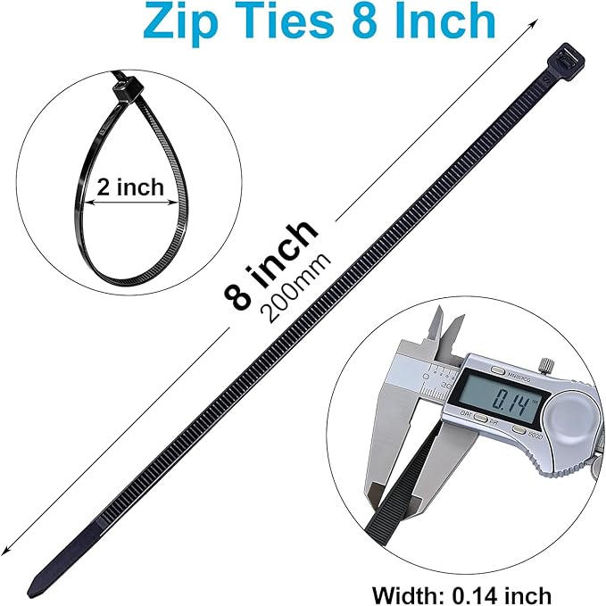 500 Pack Zip Ties 8 Inch Black, 40Lbs Tensile Strength, Premium Nylon Cable Ties, Plastic Zip Ties, For Garage Cable Management, Home, Garden Trellis Ties, Indoor And Outdoor Use