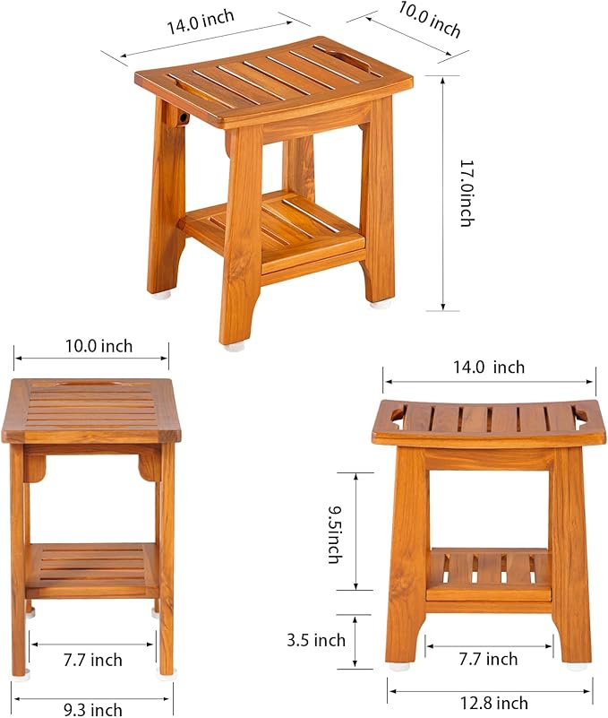 14" Compact Teak Shower Stool with Shelf & Handle - Waterproof, Non-Slip Bath Bench for Small Bathrooms/Tub/Outdoor Use, 300 lbs Capacity (Patented)