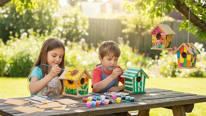 2pc DIY Birdhouse Kit, Cedar Wood Bird House Kits Bulk for Adults, Art Craft Outdoor Birdhouse, Solid Wood Weather Proof Material Painting Kit, Chain for Tree Hanging