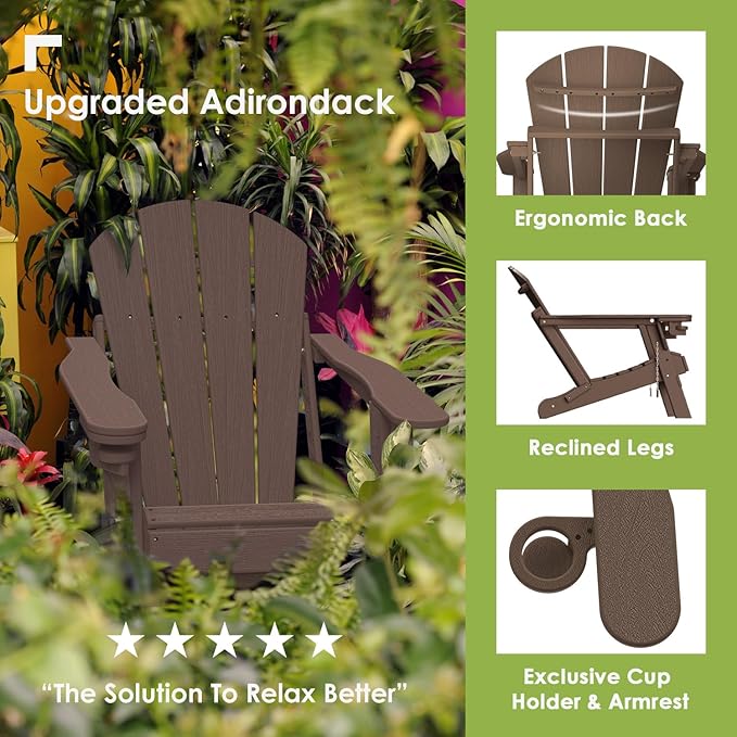 GREENVINES Adirondack-Chairs-with-Ottoman | Set of 6 | Wood Grain | Dark Brown | Folding | Retractable-Footrest | HDPE Plastic | All Weather Fire Pit Chair | Cup Holders | for Outdoor Poolside