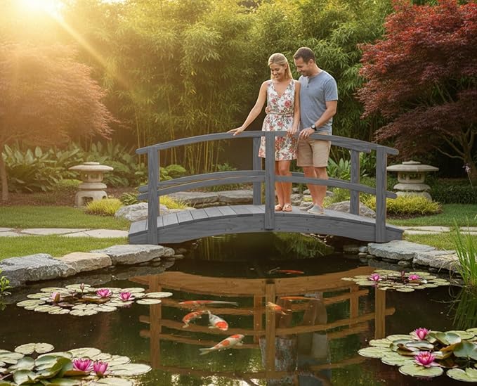 8 FT Grey Amish Made Garden Bridge with Double Rails for Walkway, Backyard Pond & Landscaping, Outdoor Wooden Footbridge for Koi Pond, Japanese Style Decorative Bridge, Made in USA