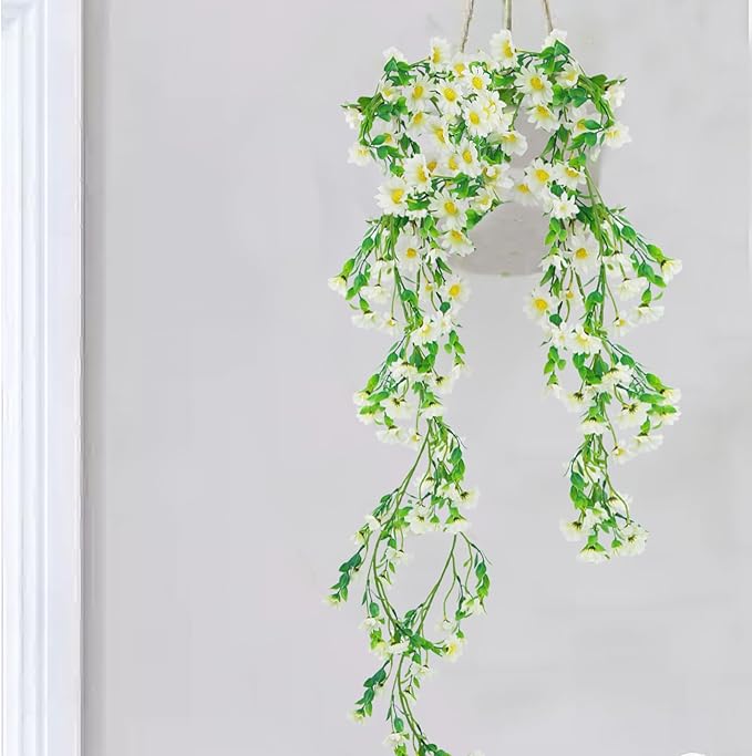 CISDUEO Artificial Daisy Flowers Vine Silk Wildflower Garland Spring Fake Flower Vine Hanging Ivy White Daisy Flowers Green Leaves for Wall Party Wedding Arch Floral Decor Home Indoor Outdoor Ceremony