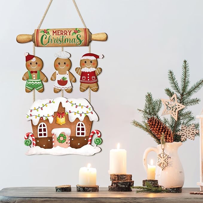 CHDITB Merry Christmas Wood Sign, Gingerbread House Front Door Sign, Festive Hanging Signs, Christmas Wall Hanging Plaque, Xmas Wall Decor for Outdoor Porch Yard Home Decor