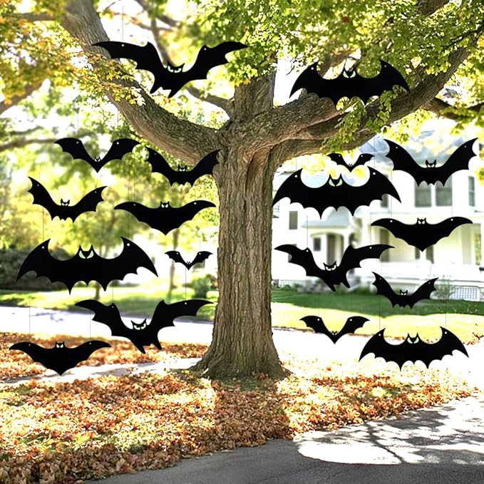 Hanging Bats Halloween Decorations Outdoor - 16 Pack Glowing Eyes Large Flying Bats 5 Different Size, Waterproof Plastic Realistic Black Bats Hanging in Tree Outside Halloween Decoration for Porch