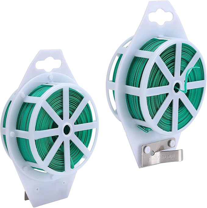 GSM Brands Twist Ties: 328 Feet Plastic Coated Wire to Tie Garden Plant or Office Cable with Convenient, Built-in Cutter (Green)