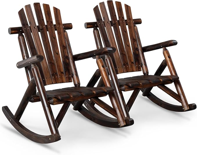 Outvita Wooden Rocking Chair Set of 2, Fir Log Adirondack Rocker, Outdoor Wood Accent Furniture Lounge Chairs for Garden Patio Backyard Porch (Dark Brown)