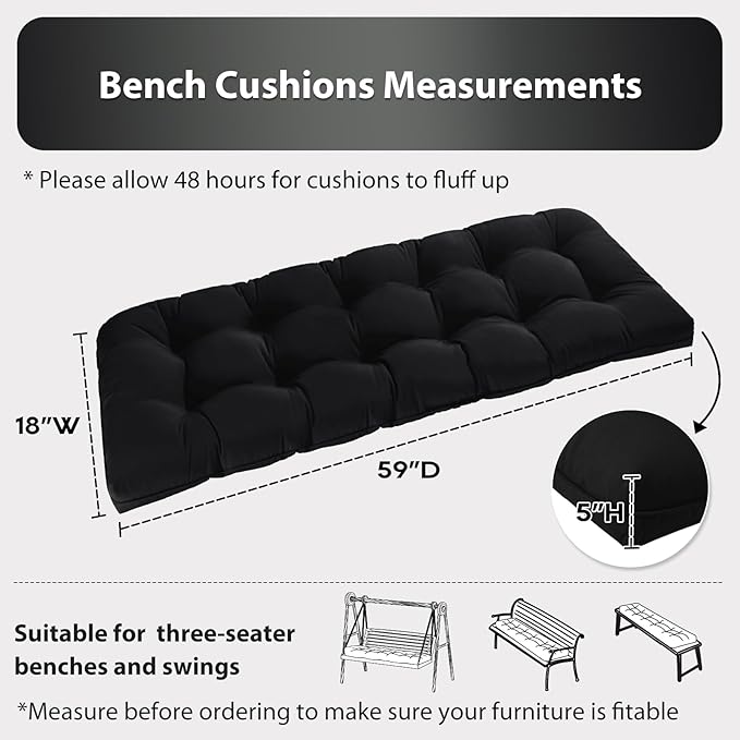 Tufted Bench Cushions for Outdoor Furniture, 59" x 18" Porch Swing Cushions Filled with Foam, Overstuffed Patio Cushions for Bench Loveseat with 2-3 Seats,Thick and Water Resistant, Black