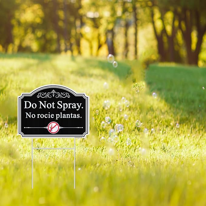 Do Not Spray Yard Signs in English and Spanish. 2 Pack 12.6" x 9.5" No Pesticide Garden Sign, No Spray Bilingual Plant Sign for Yard with Metal Stake, UV Protected, Weatherproof, Easy to Mount.