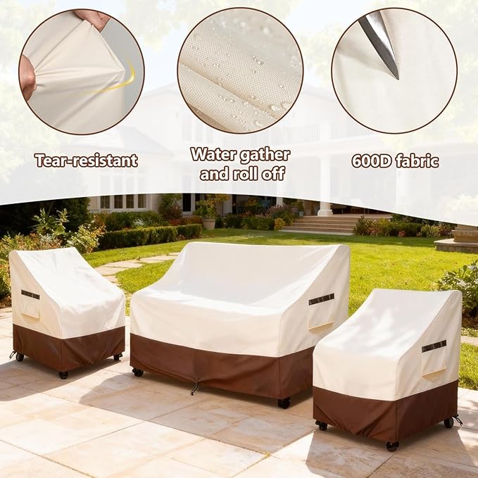 3-Piece Patio Furniture Covers Set,Heavy Duty 600D Waterproof Outdoor Furniture Cover,Includes 2 Patio Chair Covers (30in) and 1 Patio Loveseat Cover (58in),UV Protection, Windproof Design,Beige
