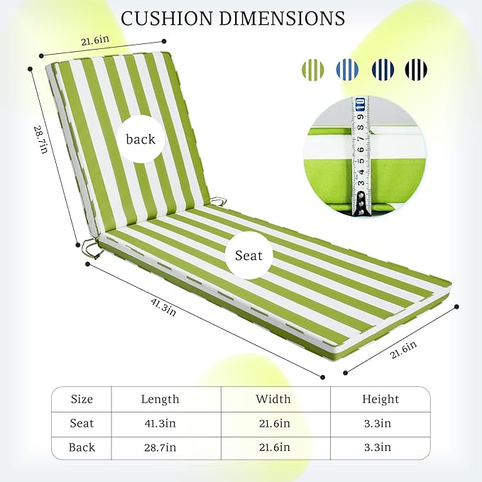Chaise Lounge Cushions Outdoor Set of 2, 71"x22"x3" Patio Lounge Chair Furniture Cushions with Washable Covers for Pool, Patio, Lawn (Green+White Stripes, 2 Pcs)