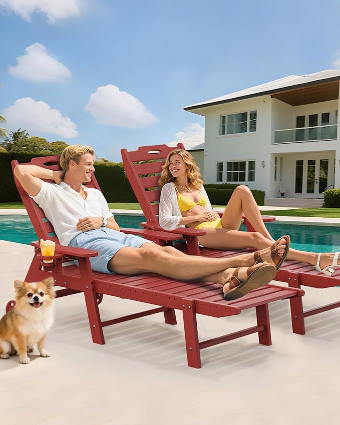 Carauci Lounge Chair Outdoor, HDPE Chaise Lounge with Wheels, 5-Position Adjustable Backrest & 2 Cup Holders Patio Lounge Chair, All-Weather Pool Sun Lounger for Poolside, Backyard, Red