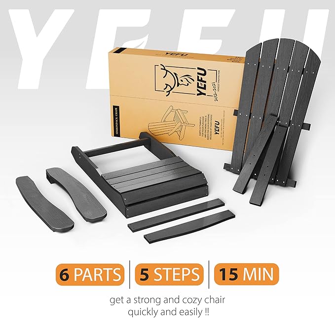YEFU Adirondack Chairs Set of 8: Outdoor Chair HIPS Plastic Adirondack Chairs - Patio Chairs with Wood Texture - Lawn Fire Pit Deck Porch Garden Chairs for Adults (Black)