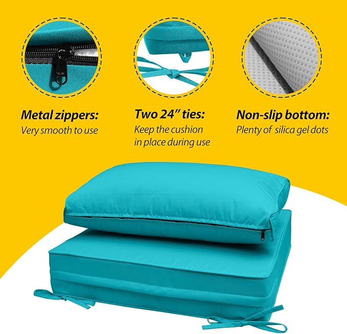 AAAAAcessories Outdoor Seat Cushions for Chairs, Fade-Resistant, Waterproof Patio Furniture Replacement Cushions, 23" x 23" x 5" + 23" x 13.5", Turquoise Blue