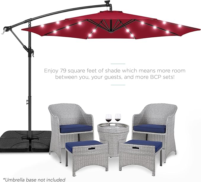 Best Choice Products 10ft Solar LED Offset Cantilever Hanging Market Patio Umbrella, 8 Sturdy Ribs, Easy Adjustment - Burgundy