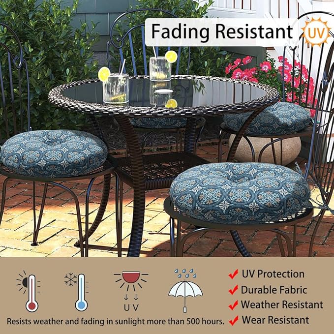 Magpie Fabrics Outdoor Round Bistro Seat Cushions with Ties, 15"x15"x4" Set of 2, Tufted Waterproof Barstool Chair Pads for Patio Home Garden Office, Morgan Medal Print