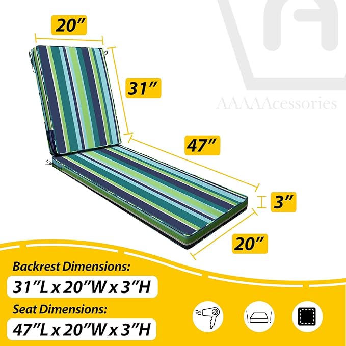 AAAAAcessories Outdoor Chaise Lounge Cushions, Fade-Resistant, Waterproof Patio Furniture Replacement Cushions, 78" x 20" x 3", Stormy Teal Coastal Stripe