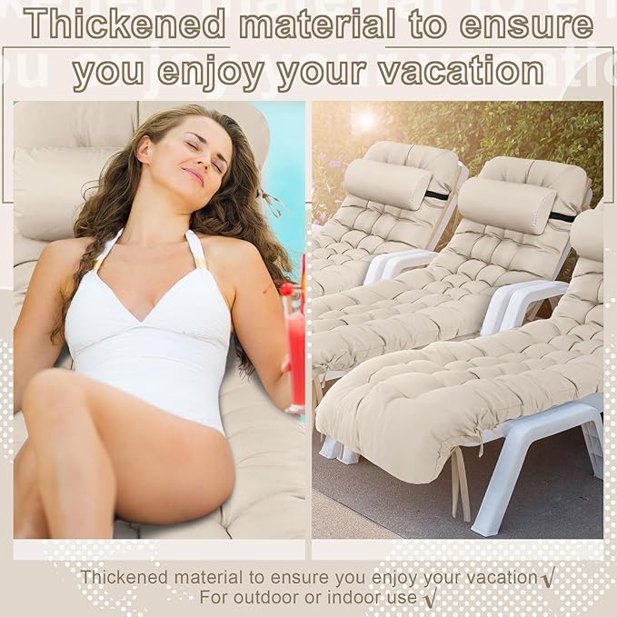 Tudomro 2 Pcs Light Beige 66'' Outdoor Chaise Lounge Cushion Waterproof Patio Lawn Pool Chaise Lounge Cushion with Headrest Pillow & Ties Weather Fade Resistant Replacement Longue Chair Pad