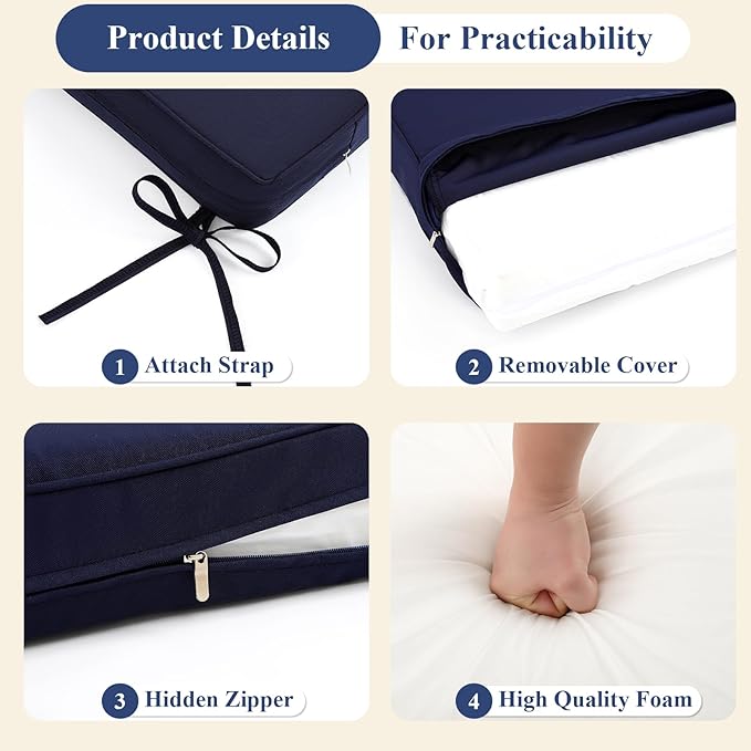 SHACOS Outdoor Bench Cushions 42 x 16 Inch, 3.2 Inch Thick High-Density Bench Cushion, Waterproof & Fade-Resistant Removable Cover with Ties, Bench Seat Cushions for Swing Patio Garden Furniture, Navy