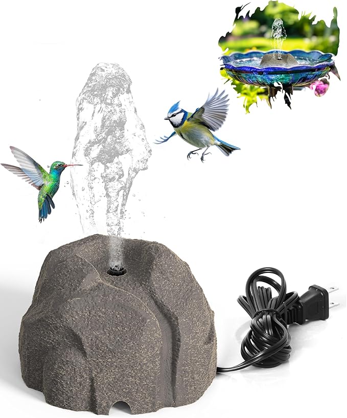 Bird Bath Fountain Plug in,Adjustable Flow,5.9ft Cord Water Pump,Realistic Granite Resin Rock Bird Fountain for Bird Bath,Fish Tank,Garden Decor,Small Pond,Water Wiggler