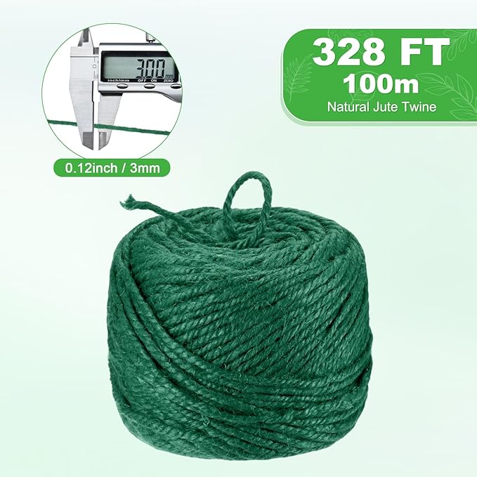 1-Pack Natural Jute Twine String, 3mm x 328ft/100m Long Garden Twine Balls for Crafts/Gift Wrapping/Gardening Plants, Durable Plant Ties Thick Rope [Dark Green]