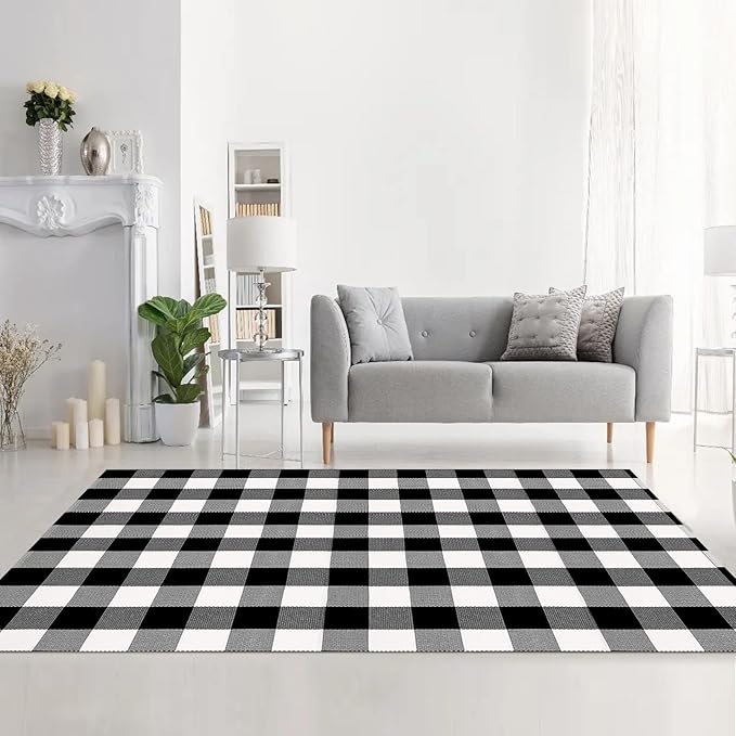 MUBIN Cotton Buffalo Plaid Rug, 4x6 ft Black and White Checked Outdoor Rug Front Door Decorative Mat, Hand-Woven Reversible Foldable Rug for Layered Door Mats Washable Carpet for Front Porch, Entryway