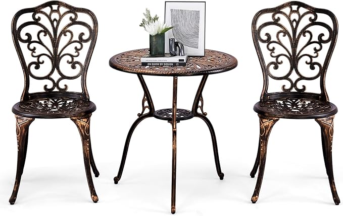 VINGLI 3 PCS Outdoor Bistro Set, Outdoor Patio Set, All-Weather Cast Aluminum Bistro Table Set, Bistro Table and Chairs Set of 2 for Backyard, Garden, Balcony (Bronze, Butterfly)
