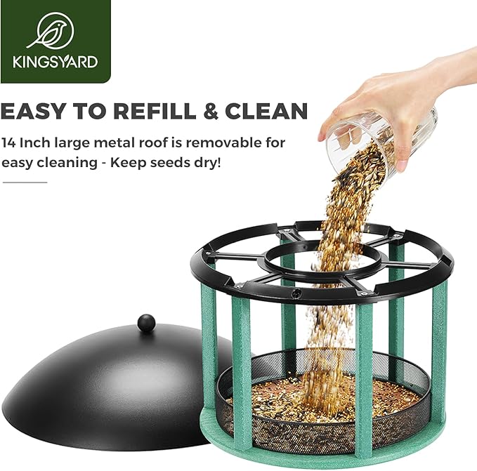 Kingsyard Large Platform Bird Feeder for Outside, Tray Bird Feeder with Weather Protective Dome & Universal Pole Kit, 5 lbs Seed Capacity, Green