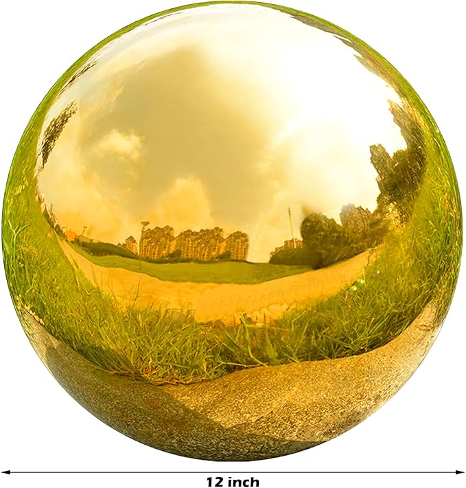 Nerien 12 Inch Gazing Ball, Stainless Steel Garden Mirror Globe, Polished Ornament Sphere, Hollow Floating Reflective Hemisphere, Home Outdoor Pond Housewarming Swimming Pool Decoration Gift, Gold