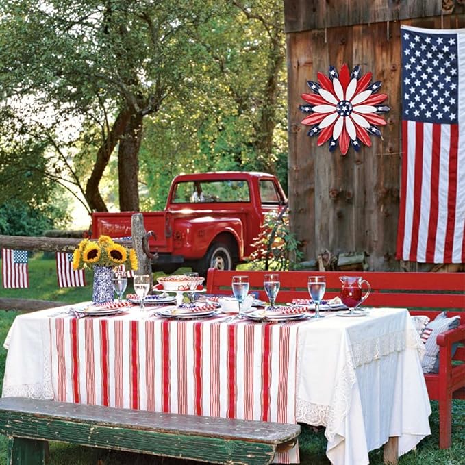 hogardeck 4th of July Decorations Outdoor, 11 inch Red White and Blue Metal Flower Wall Art for Fourth of July Decor, Patriotic Decorations for Yard Garden Home Indoor Mantel