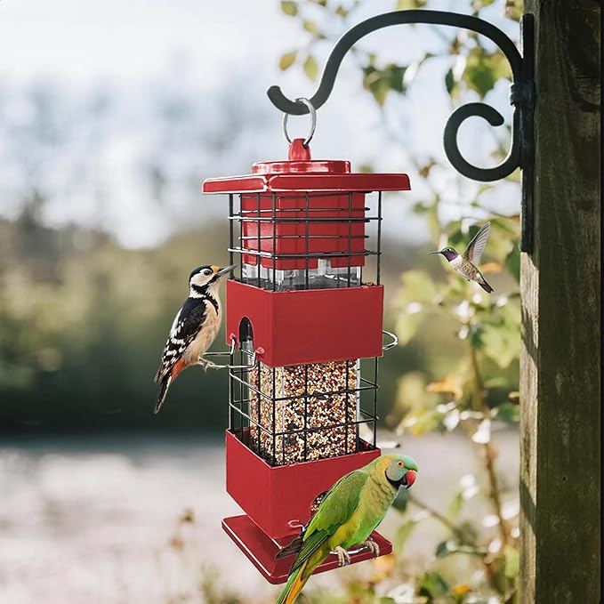 Squirrel Proof Bird Feeder for Outdoors Hanging, 3Lbs Metal Weight-Activated Birdfeeder with 4 Feeding Ports, Wild Birds Seed Feeder for Cardinal, Finch, Sparrow (Red)