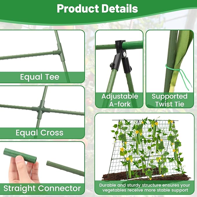 Cucumber Trellis for Raised Bed, 48" x 48" A-Frame PE-Coated Metal Trellis for Climbing Plants Outdoor, Garden Trellis for Vegetables with Climbing Net and Plant Support Clip for Tomato, Grape