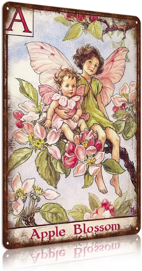 Flower Fairy Wall Decor Vintage Metal Tin Signs Fairy Garden Accessories - Apple Blossom