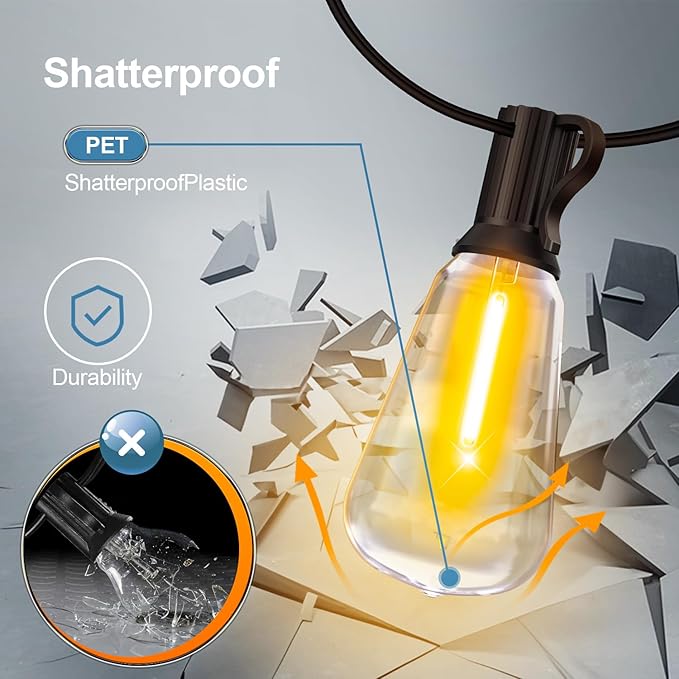 Outdoor String Led Patio Lights - 200Ft 60M Outside Waterproof Light With Remote Dimmable ST38 Shatterproof Bulb Connectable Hanging Outdoor Electric Lighting For Backyard Yard Gazebo Porch Party